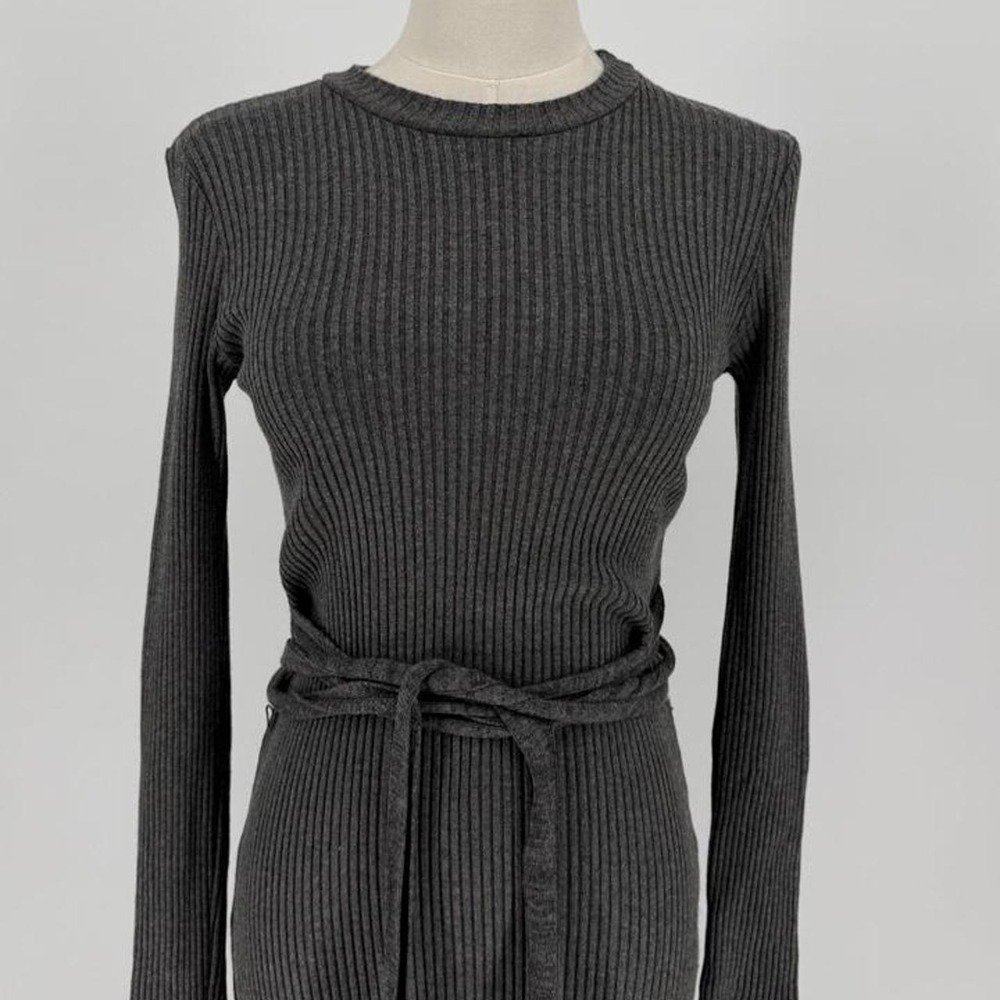 Zara Gray Ribbed Knit Midi Dress Long Sleeve Tie Waist Gray Womens Size M